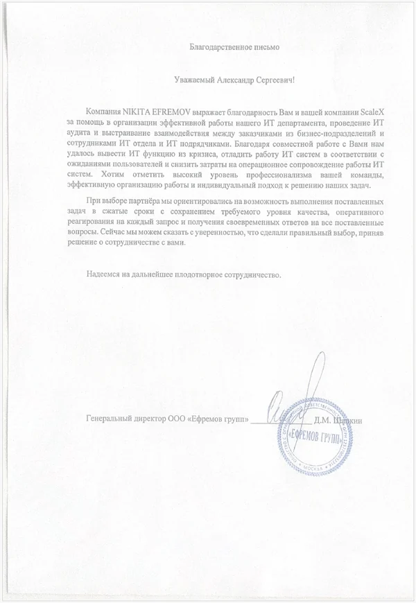 Благодарственное письмо NIKITA EFREMOV